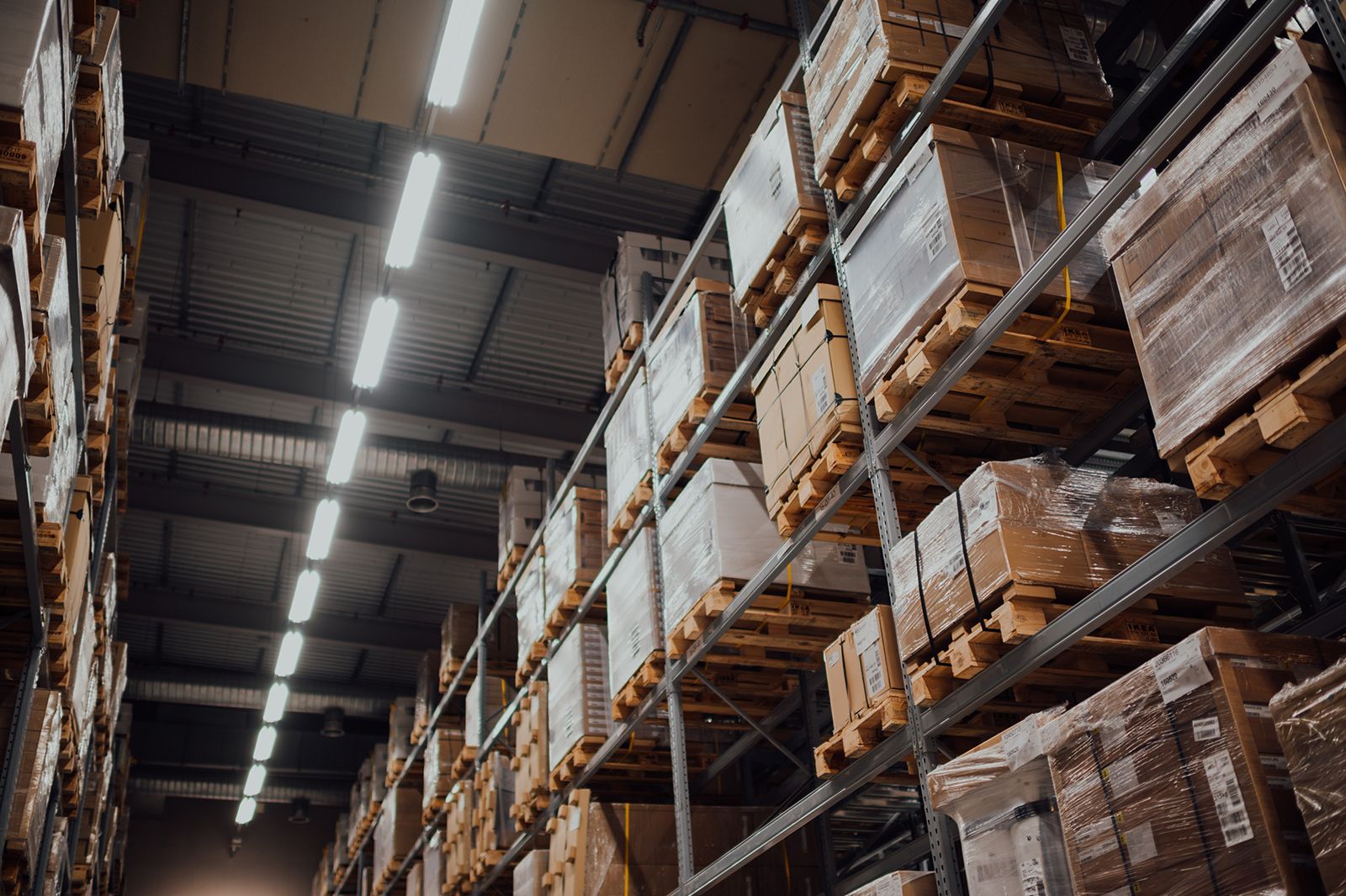 Many products laying on warehouse shelves