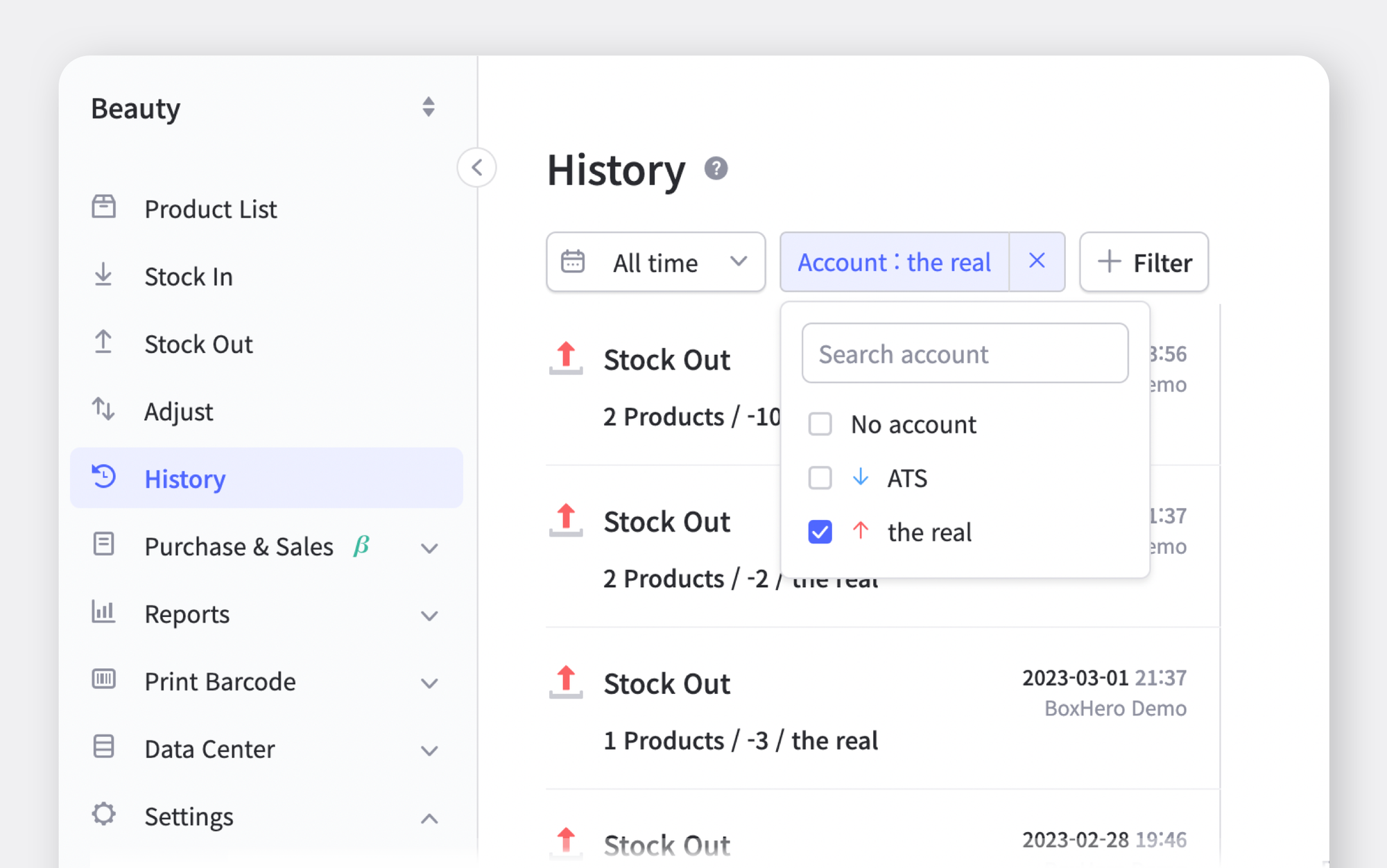 Screenshot of BoxHero's History with "Account" Filter on