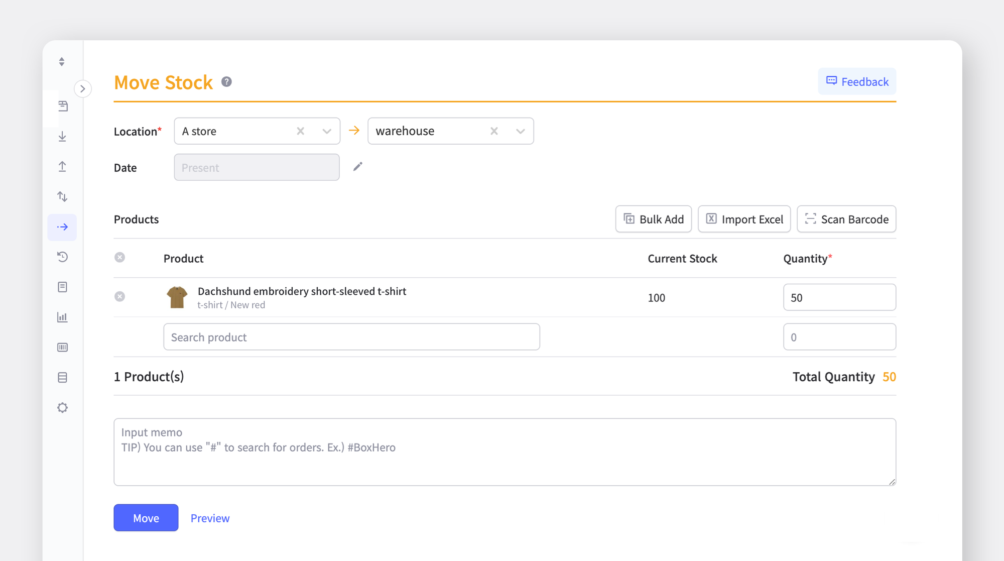 Transferring inventories from one location to the other on the BoxHero app (PC)