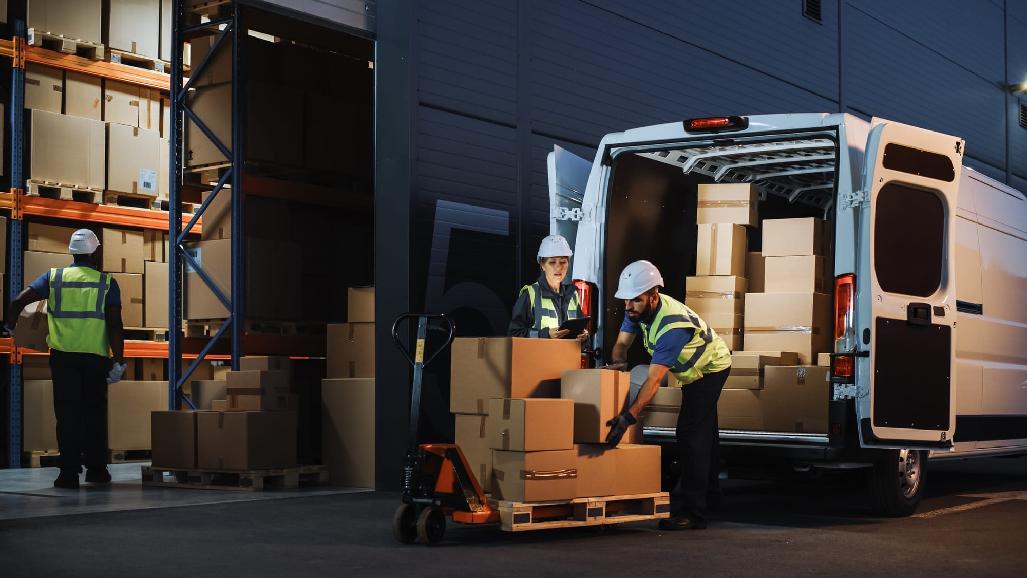 Warehousemen procuring boxes from a delivery vehicle.