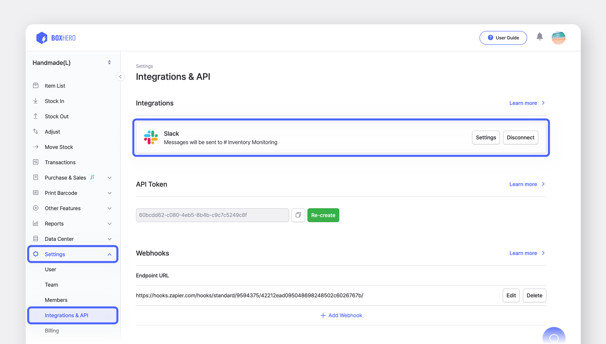 BoxHero screen showing Integrations & API.