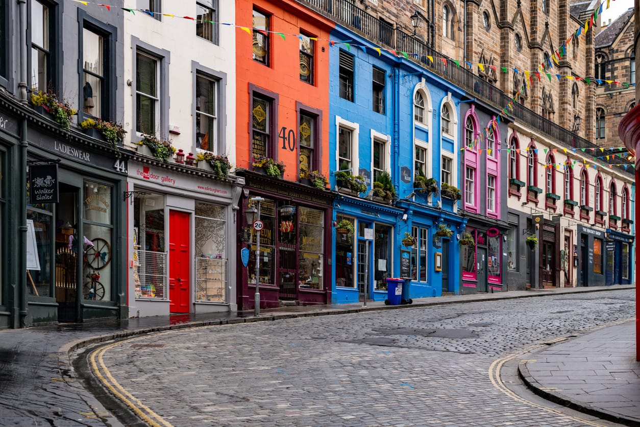 A quiet morning and an empty Victoria Street in Edinburgh's historic Old Town.