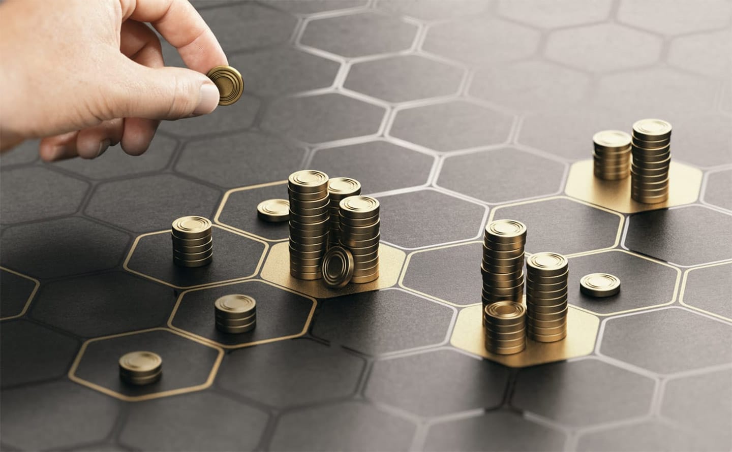 Human hand stacking generic coins over a black background with hexagonal golden shapes. Concept of investment management and portfolio diversification. Composite image between a hand photography and a 3D background.