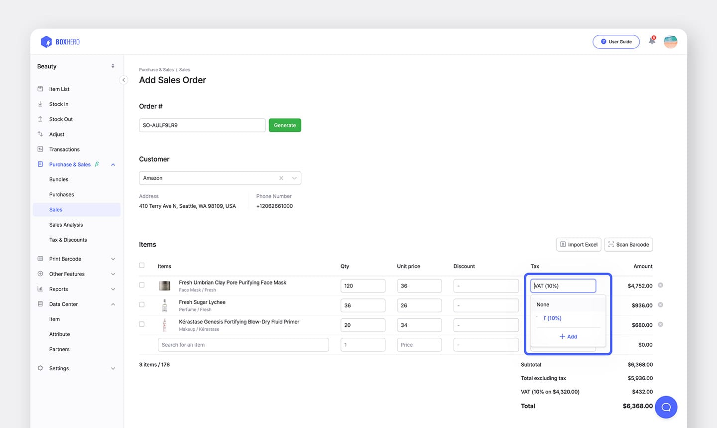 The tax selection screen when creating a sales order in BoxHero.