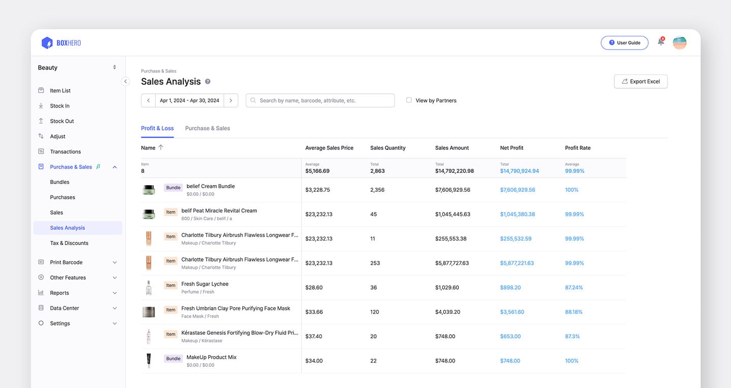 BoxHero sales analysis screen.