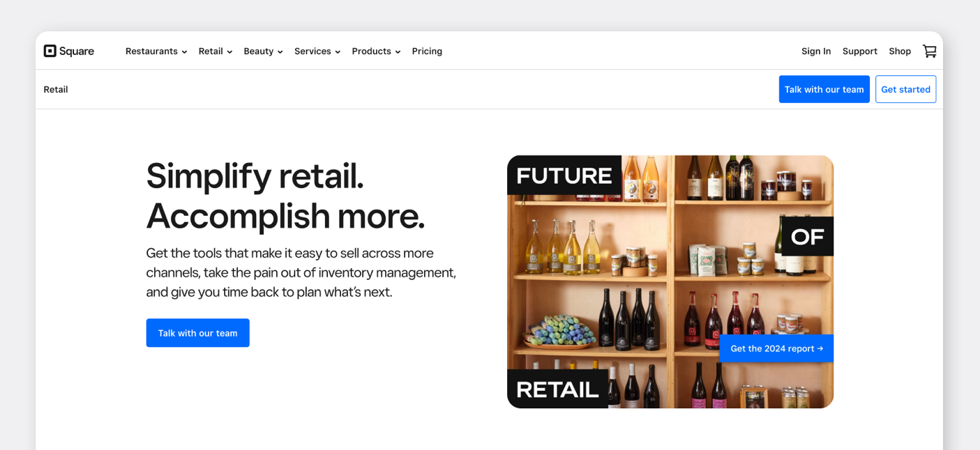 Square for Retail Homepage.