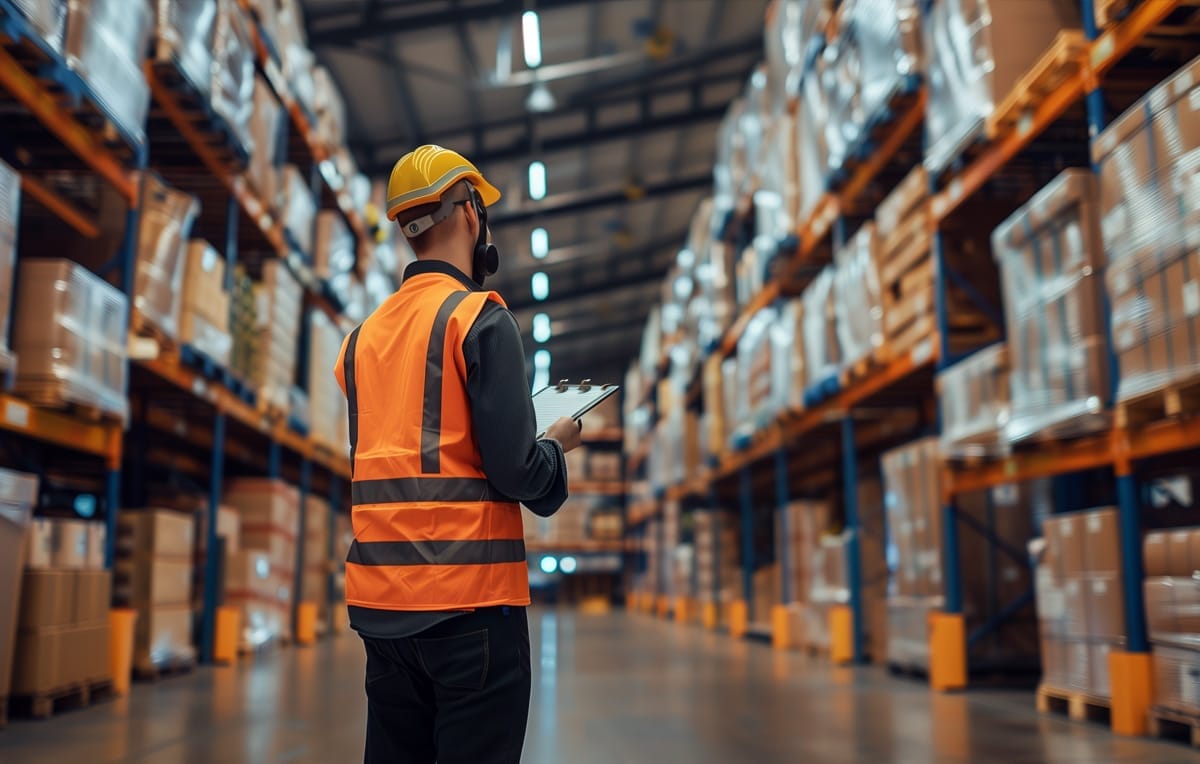 A staff member overlooking inventory at a warehouse factory