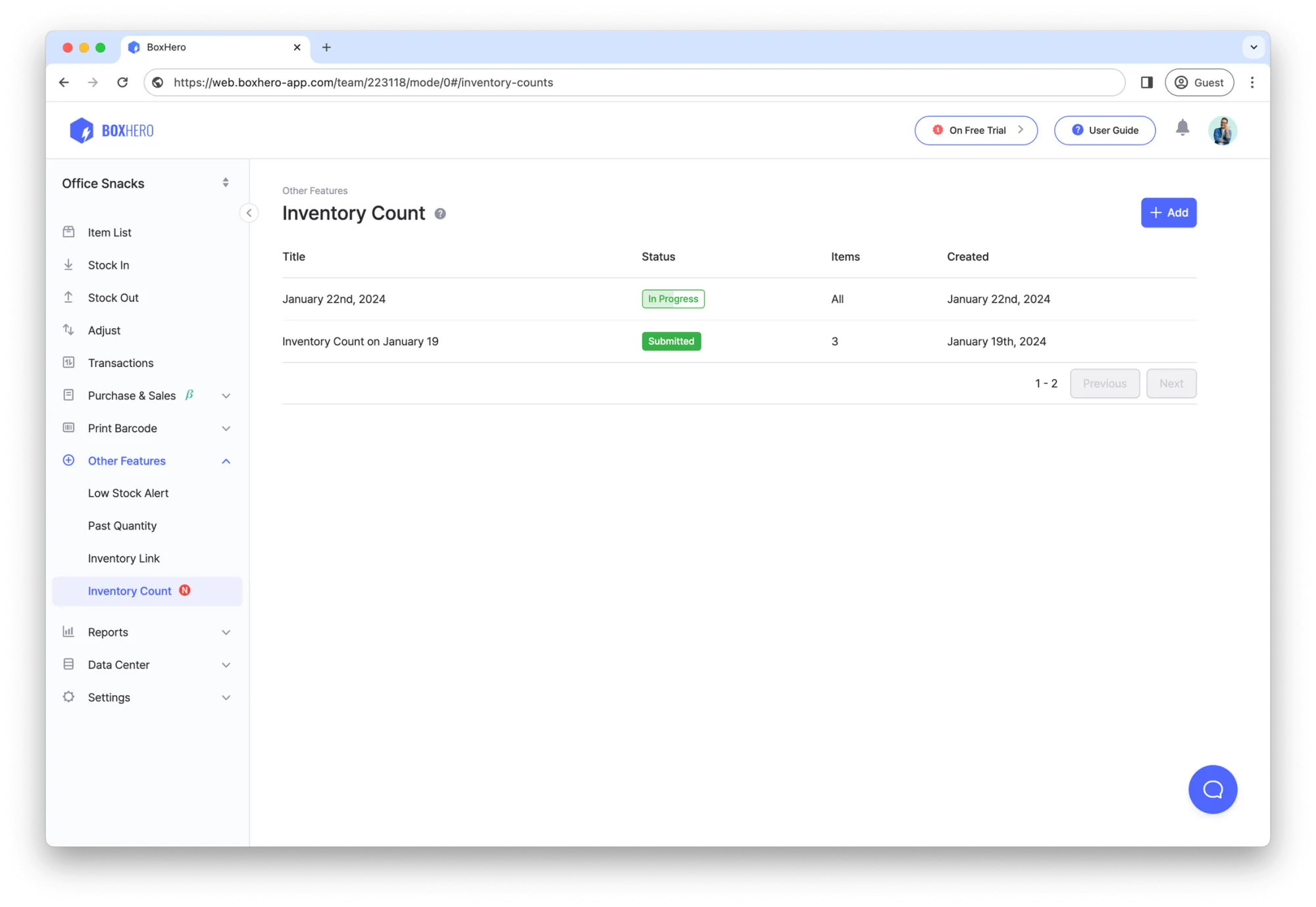 BoxHero's User Interface: Inventory Count with Task Sheet