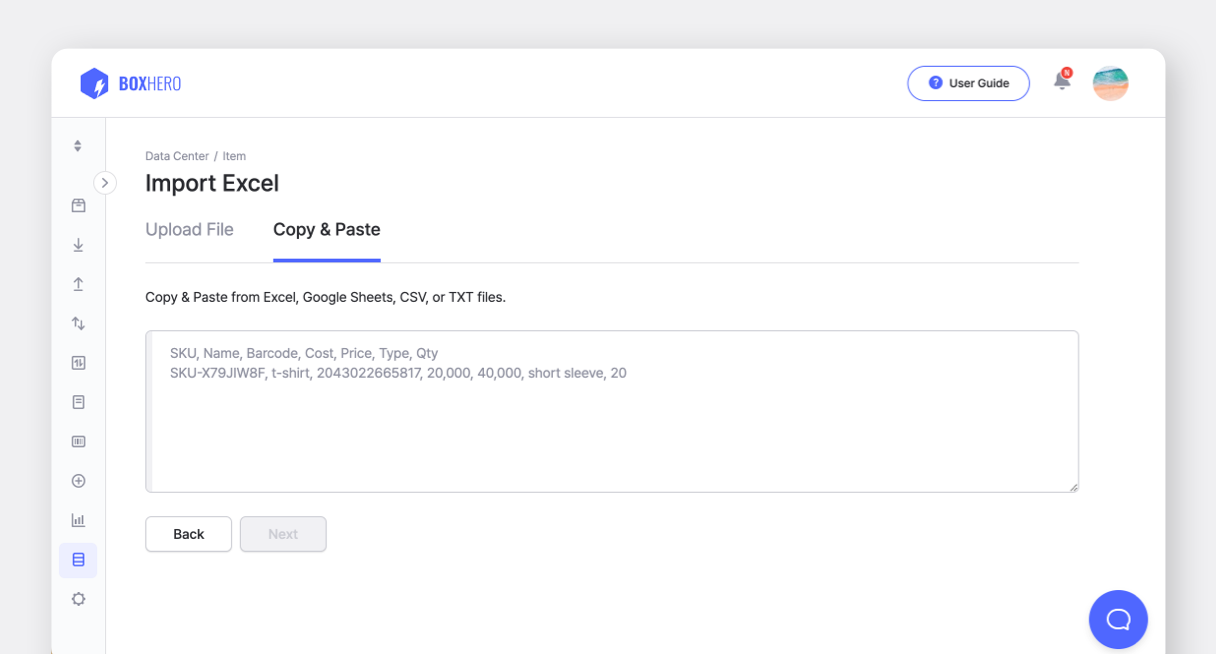 BoxHero UI: Copy & Paste Data from Excel