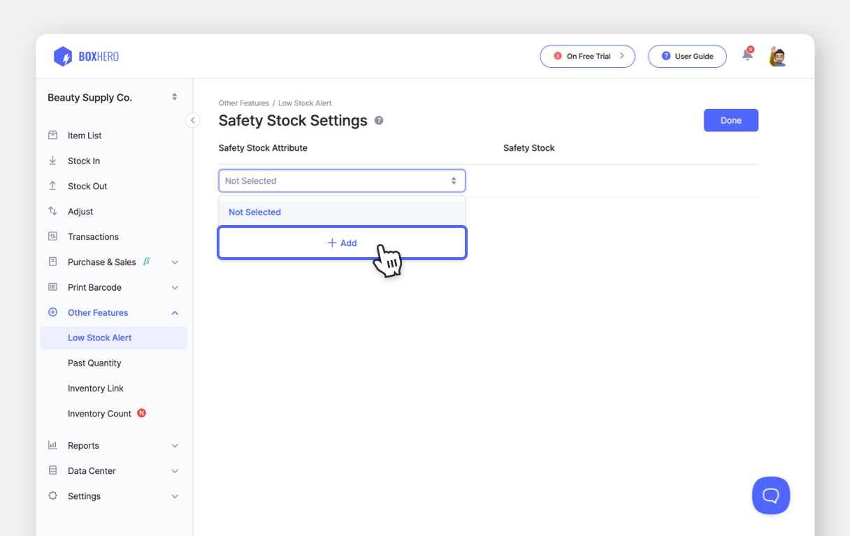 BoxHero UI: Add Safety Stock Attribute