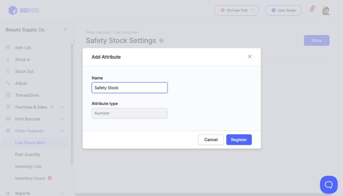 BoxHero UI: Register Safety Stock Attribute