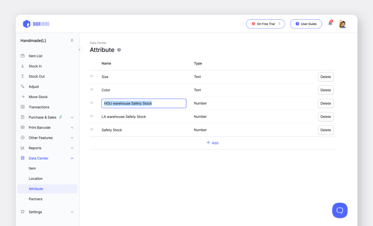 BoxHero UI: Edit Attribute in Data Center