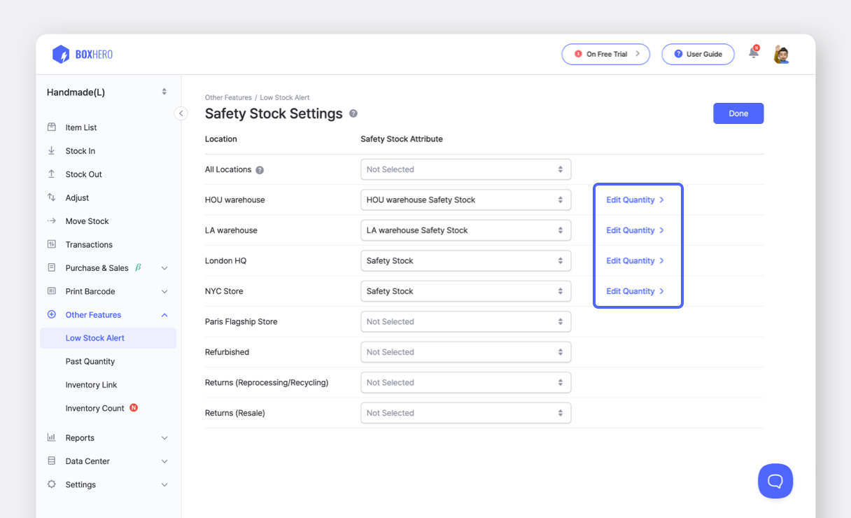 BoxHero UI: Edit Safety Stock Quantity for Each Location