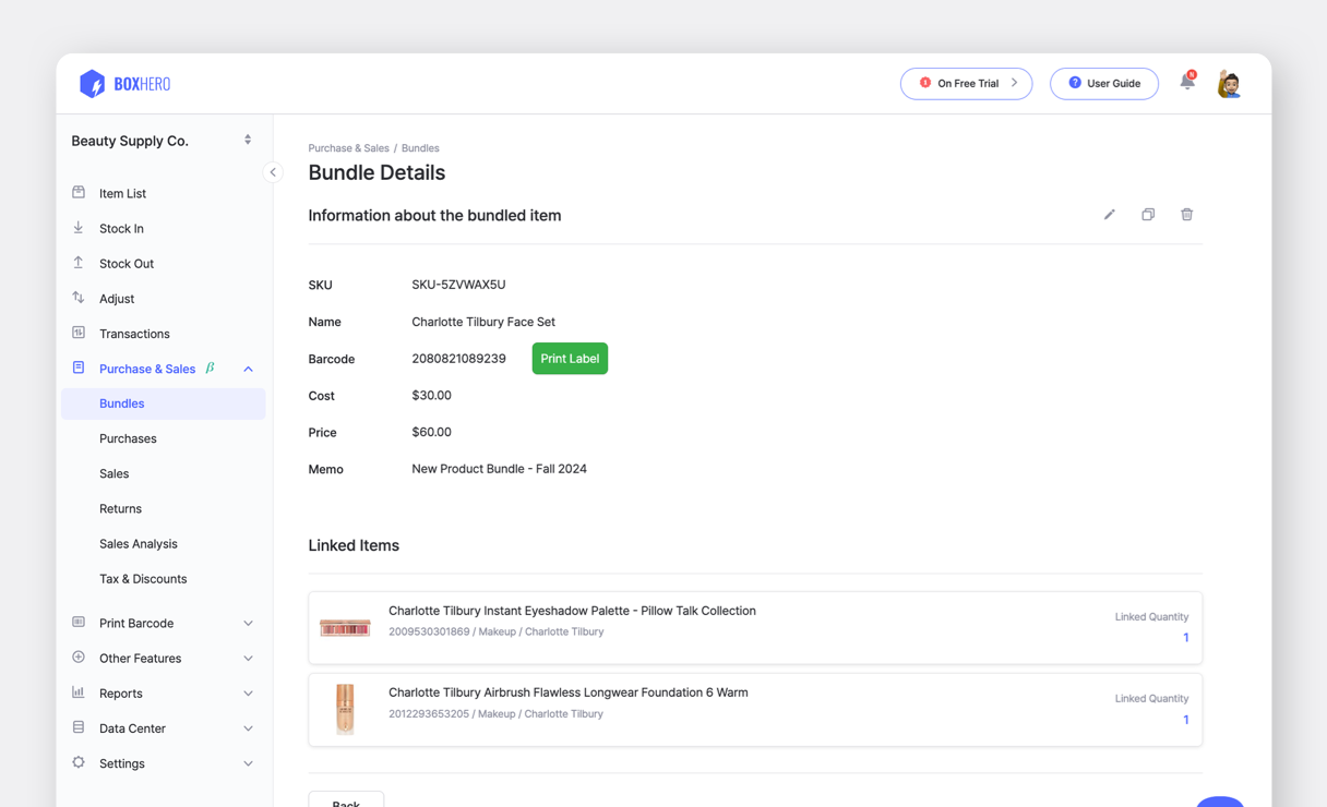 BoxHero UI: Bundle Details of Linked Items