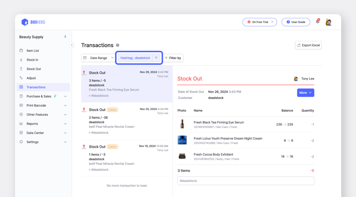 BoxHero UI: Apply Hashtag Filter on Transactions menu