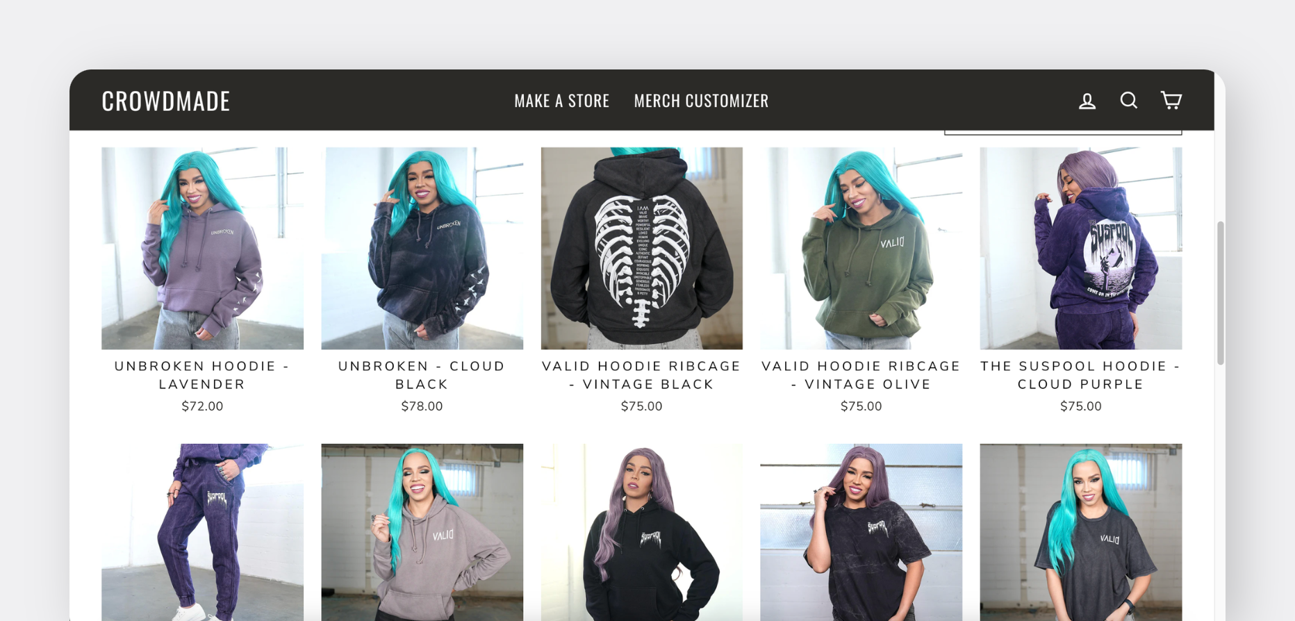 Crowdmade online store showcasing various hoodies and t-shirts with unique designs.