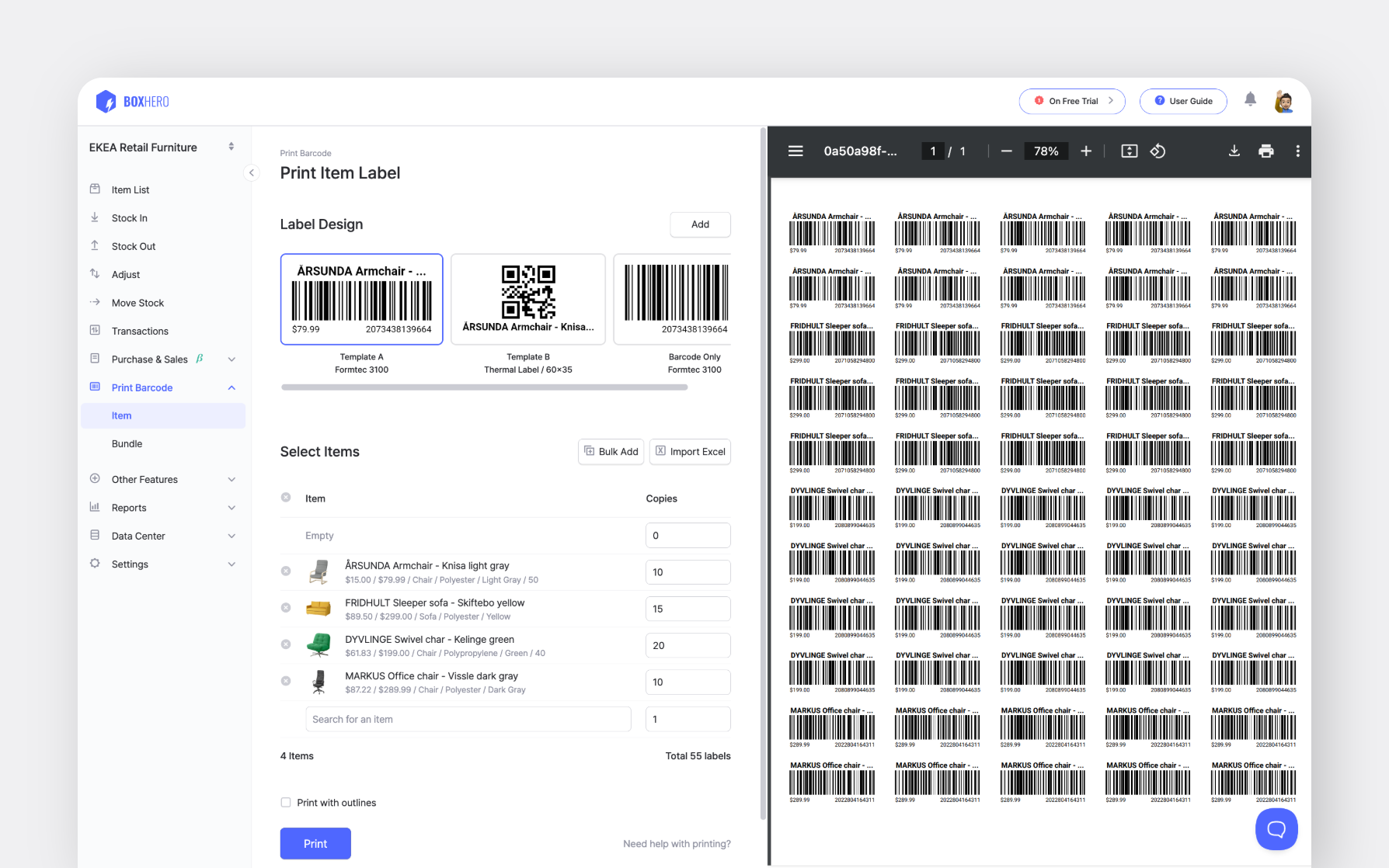 BoxHero UI Screenshot: Create custom label designs and print barcodes