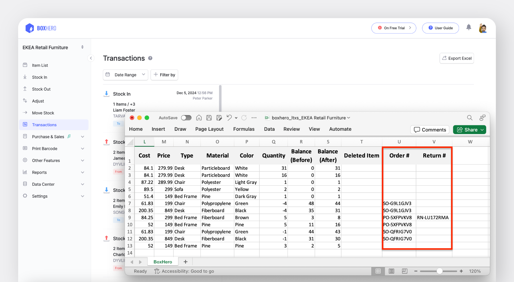 BoxHero PC: Check Order Numbers and Return Numbers in Excel