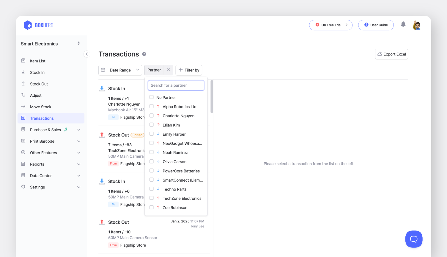 BoxHero PC UI Screen: Filter Transactions by Partner