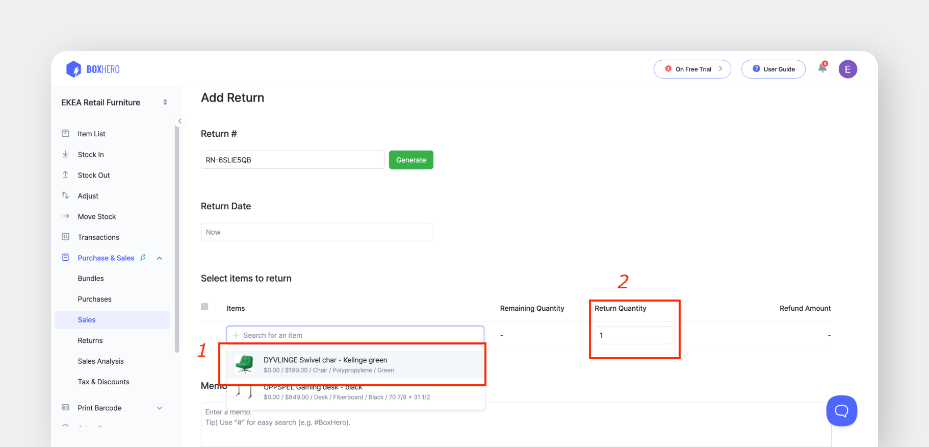 Sales order page showing items, quantities, and an option to add a return for processing in BoxHero inventory software.