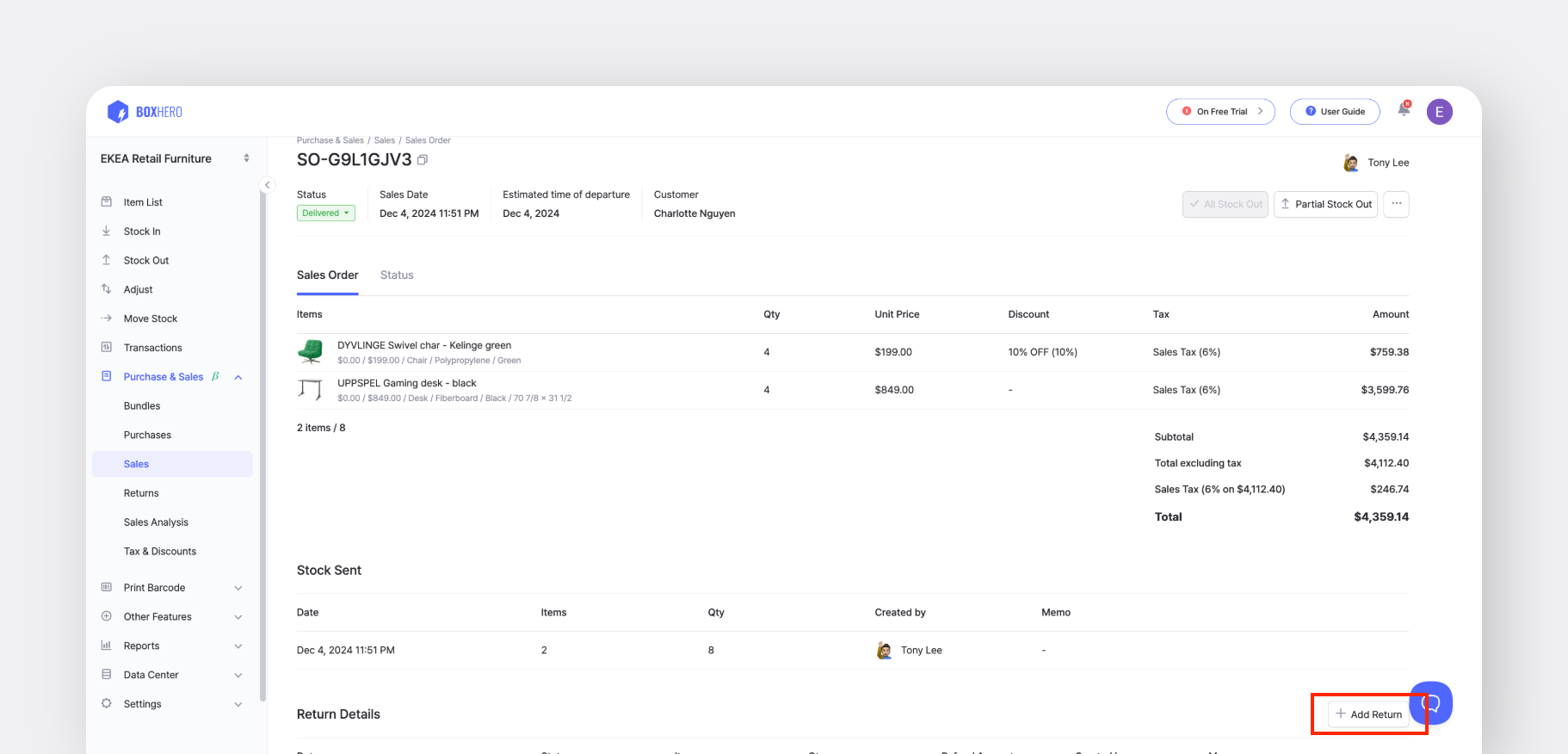 Sales order page showing items, quantities, and an option to add a return for processing in BoxHero inventory software.