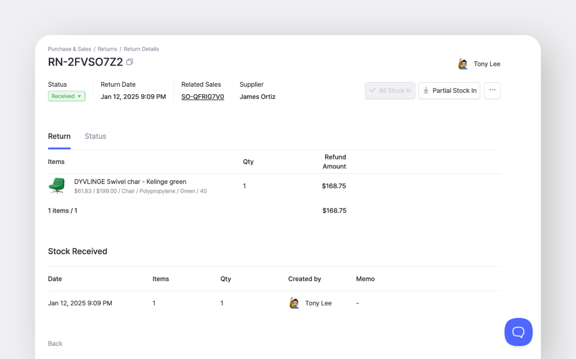 A Return Order that processed 1 item in BoxHero inventory management solution.