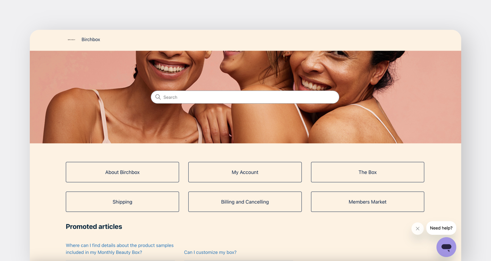 Birchbox lets users browse FAQs grouped into different categories. 