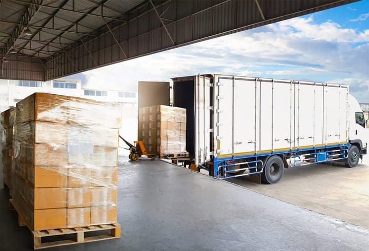 Container Trucks Parked Loading Package Boxes Pallets at Warehouse Dock.